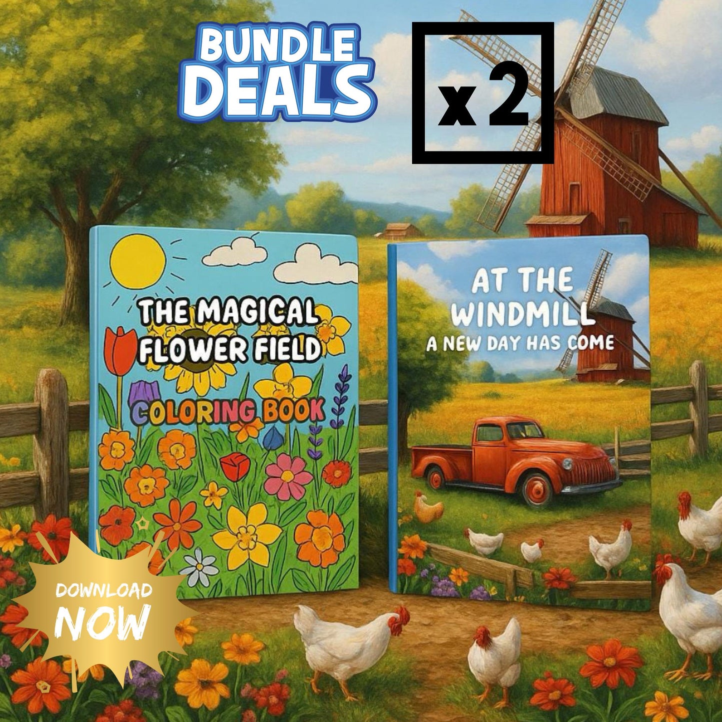 2-Book Nature Coloring Bundle for Kids – Flowers and Countryside Windmill Themes – Calming Activity Set for Ages 4–8