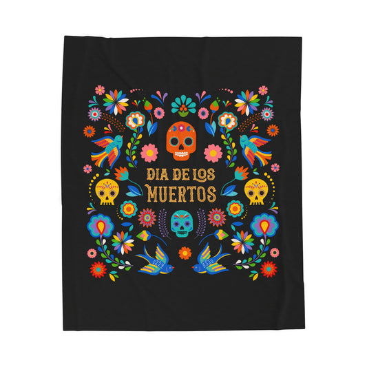 Halloween Colorful Dia de los Muertos Velveteen Plush Blanket, Cozy Throw for Celebration, Fall Décor, Gift for Loved Ones, Home Accents