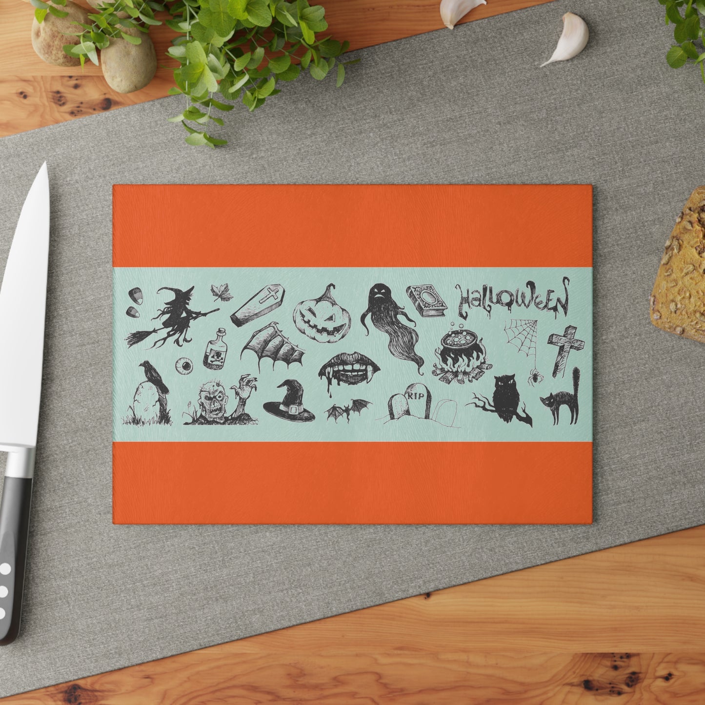 Halloween Glass Cutting Board | Spooky Kitchen Decor, Unique Gift, Fall Cooking, Halloween Party, Home Barware