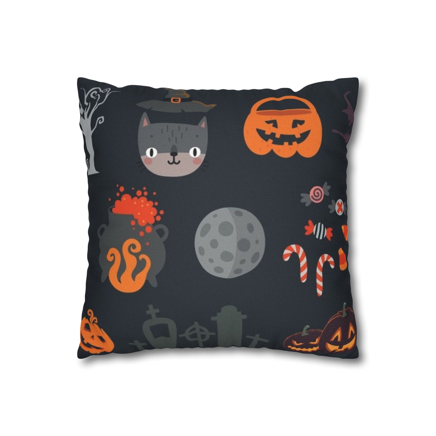 Halloween-Themed Spun Polyester Square Pillowcase | Ghosts & Ghouls Decor, Spooky Couch Accent, Fall Home Decoration, Witch & Pumpkin Design
