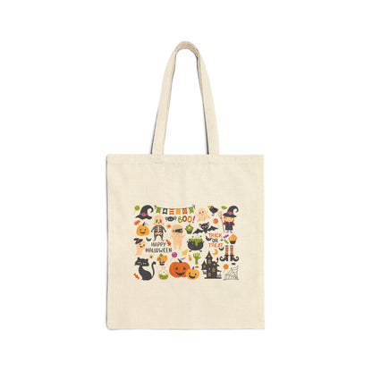 Halloween-Themed Cotton Canvas Tote Bag, Spooky Carry Bag, Pumpkin Tote, Ghost Print Bag, Fall Fashion Accessory, Eco-Friendly Gift