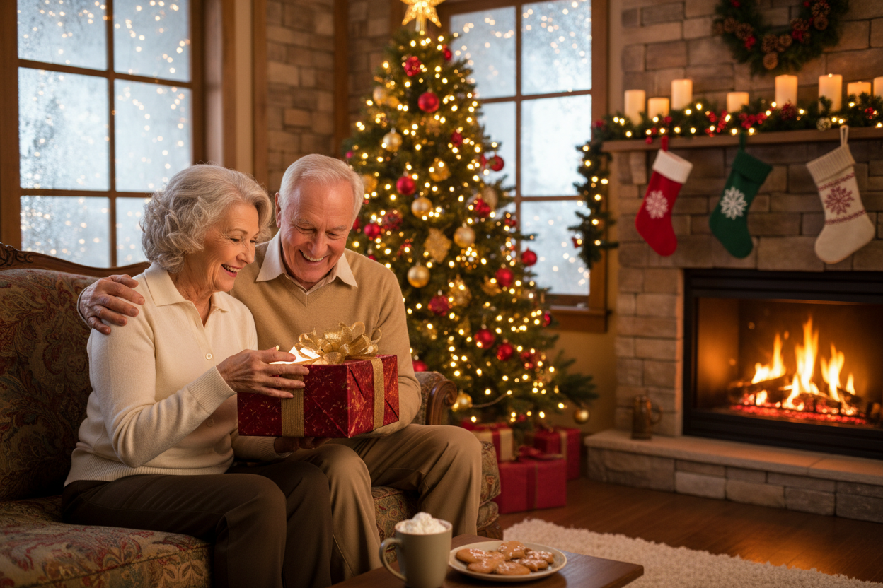christmas grandparents receiving a box and happy add christmas ambients tree, fireplace, warm cozy light